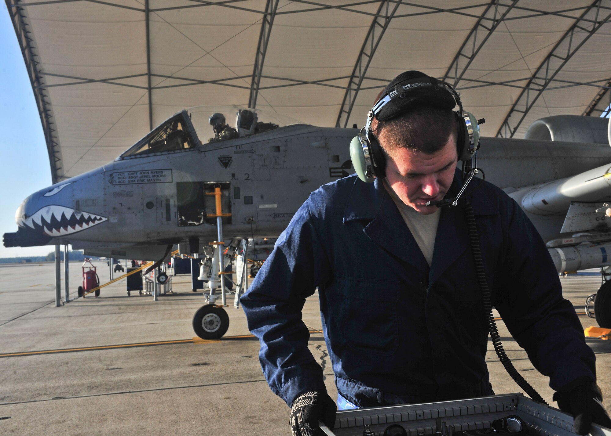 U.S. Air Force Senior Airman Eric Mastin, 23rd Aircraft Maintenance Squadron, conducts a pre-flight inspection on an A-10C Thunderbolt II prior to a pilot upgrade training session at Moody Air Force Base, Ga., Jan. 5, 2011. The A-10 remained in limbo during the holiday break but is now back in action to prepare for next week’s operational readiness exercise. (U.S. Air Force photo by Senior Airman Eileen Meier/Released)