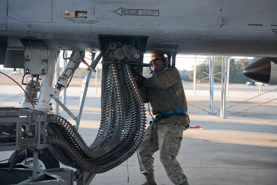 An Airman with the 23d Aircraft Maintenance Squadron uses an ammunition loading adaptor (ALA) to download 30-millimeter rounds into an A-10C Thunderbolt II ammo drum prior to a pilot training mission at Moody Air Force Base, Ga., Jan. 5, 2012.  U.S. Air Force Staff Sgt. Thomas MacDougall, 23d Equipment Maintenance Squadron combat armament support team chief, earned $10,000 for his idea to modify the 76-link download chute, which would've saved the Air Force $1.6 million last year.  (U.S. Air Force photo by Senior Airman Eileen Meier/Released)