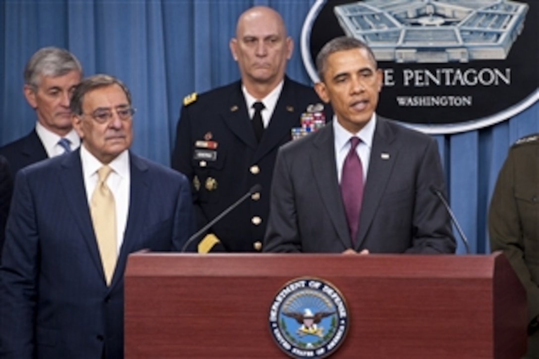President Barack Obama, right, briefs the press with Defense Secretary Leon E. Panetta, left, at the Pentagon, Jan. 5, 2012. Obama, Panetta and Army Gen. Martin E. Dempsey, chairman of the Joint Chiefs of Staff, delivered remarks on a defense strategy for the Defense Department going forward.  Army Secretary John M. McHugh and Army Chief of Staff Gen. Raymond T. Odierno stand behind Panetta and Obama.