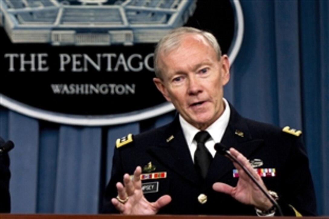 Army Gen. Martin E. Dempsey, chairman of the Joint Chiefs of Staff, offers remarks to the press on the new defense strategy at the Pentagon, Jan. 5, 2012.