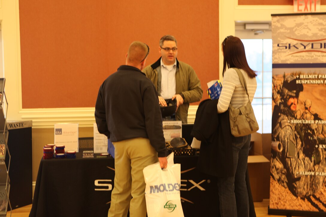 Guests speak to a representative at Marine Corps Installations East’s Safety Expo Jan. 6. Marine Corps Installations East’s Safety Expo provided representatives from throughout the base and members of the military community with the opportunity to learn about the latest safety equipment available. (Official U.S. Marine Corps Photo by Lance Cpl. Jackeline M. Perez Rivera)