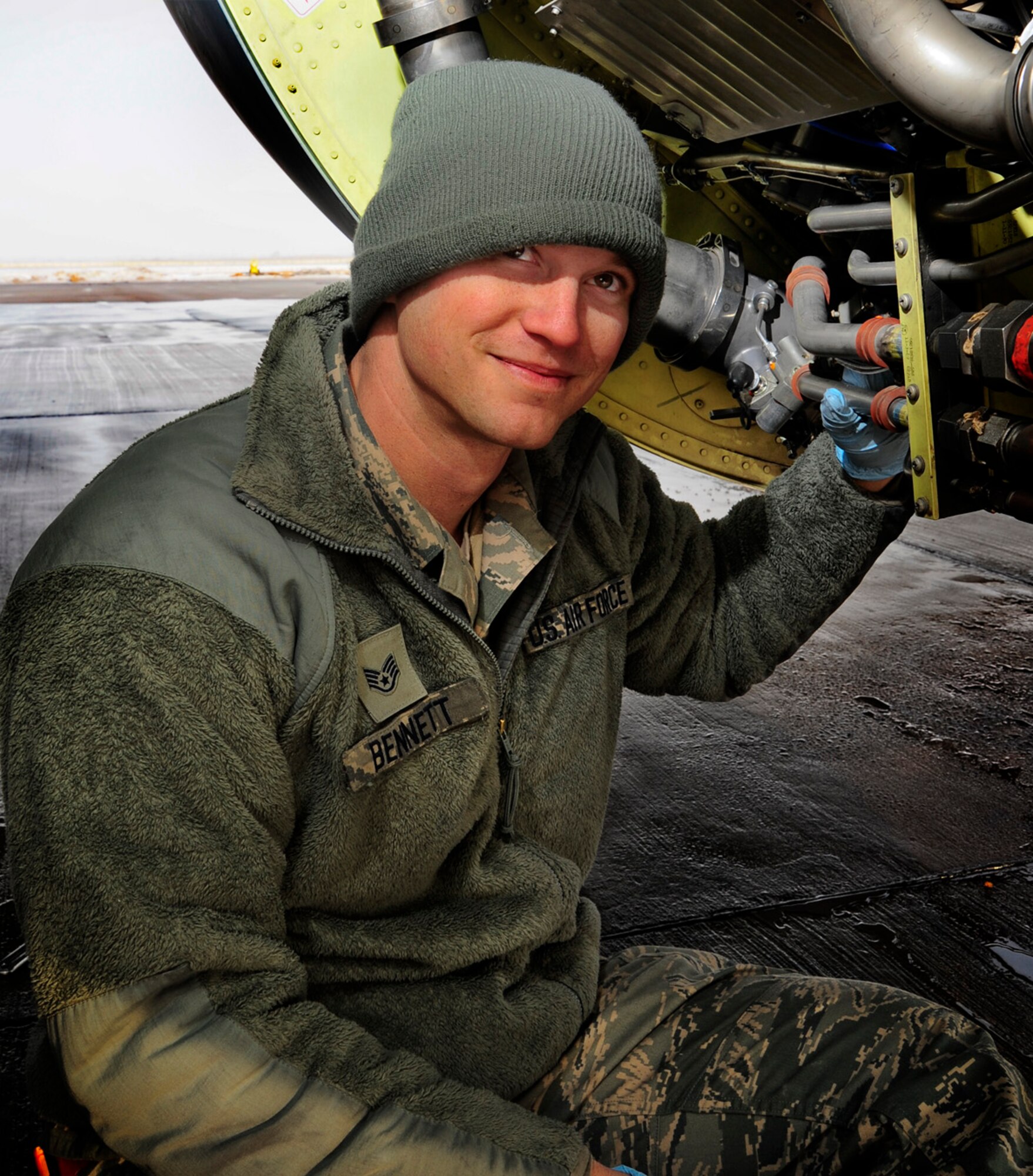 Staff Sgt. John Bennett is a 376th Expeditionary Aircraft Maintenance Squadron aircraft hydraulics systems journeyman from Scott Air Force Base, Ill. He is a native of Blackshear Ga. (U.S. Air Force Photo/Staff Sgt. Angela Ruiz)