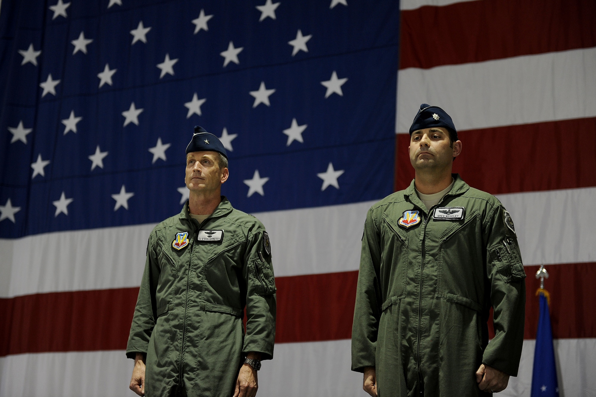 Brig. Gen. Terrence J. O'Shaughnessy, 57th Wing Commander and Lt. Col. Gregory Moseley, Commander, U.S. Air Force Air Demonstration Squadron "Thunderbirds", stand at attention during the change of command ceremony, Jan. 6, 2012. Lt. Col. Moseley assumes command from Lt. Col. Case Cunningham.
(U.S. Air Force photo/Staff Sgt. Larry E. Reid Jr., Released)