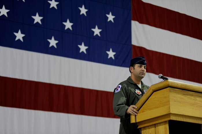 Lt. Col. Gregory Moseley, Commander, U.S. Air Force Air Demonstration Squadron "Thunderbirds", addresses the audience during the change of command ceremony, Jan. 6, 2012. Lt. Col. Moseley assumes command from Lt. Col. Case Cunningham.(U.S. Air Force photo/Staff Sgt. Larry E. Reid Jr., Released)