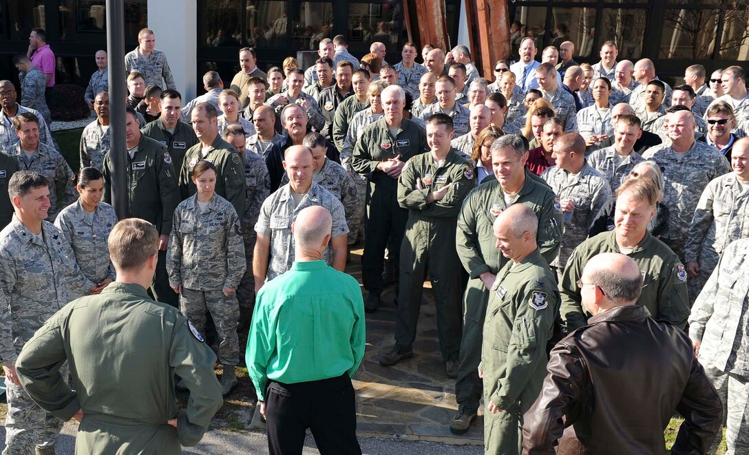 Florida Gov. Rick Scott talks with Florida Air National Guardsmen from the 101st Air and Space Operations Group, which provides the manning for the 601st Air and Space Operations Center, during a visit to Tyndall Air Force Base, Fla., Jan. 5. Scott came to Tyndall to visit with the Airmen and to see firsthand the capabilities and assets Tyndall has to offer. (U.S. Air Force photo by Lisa Norman) 