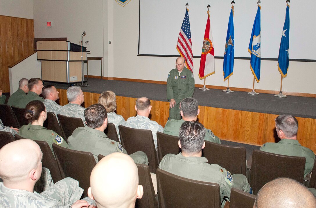 Maj. Gen. Emmett R. Titshaw Jr., Florida Adjutant General, talks with Florida Air National Guardsmen from the 101st Air and Space Operations Group, which provides the manning for the 601st Air and Space Operations Center, during a town hall meeting Jan. 5 at Tyndall Air Force Base, Fla. Titshaw joined Florida Gov. Rick Scott in a tour of the base, including a tour of the 601st AOC. (U.S. Air Force photo by Chris Cokeing) 