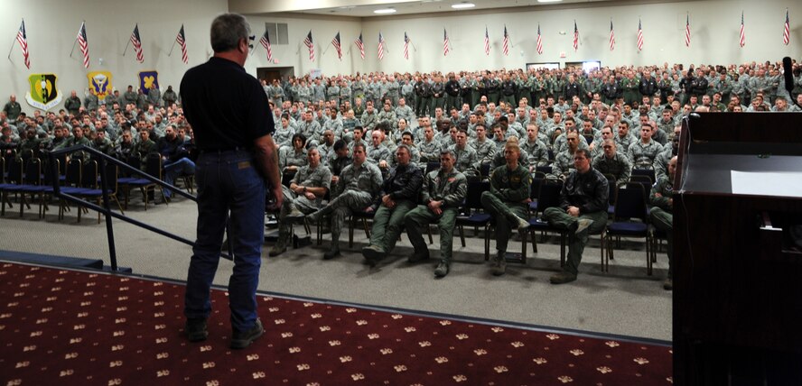 John Lingner presents his company at Hoban Hall to members of Team Barksdale during a Safety Fair at Hoban Hall on Barksdale Air Force Base, La., Jan. 3. Webb-Rite Safety Inc. specializes in fall protection systems which ensure that if accidents happen, injuries are minimized. (U.S. Air Force photo/Airman 1st Class Andrew Moua)(RELEASED)
