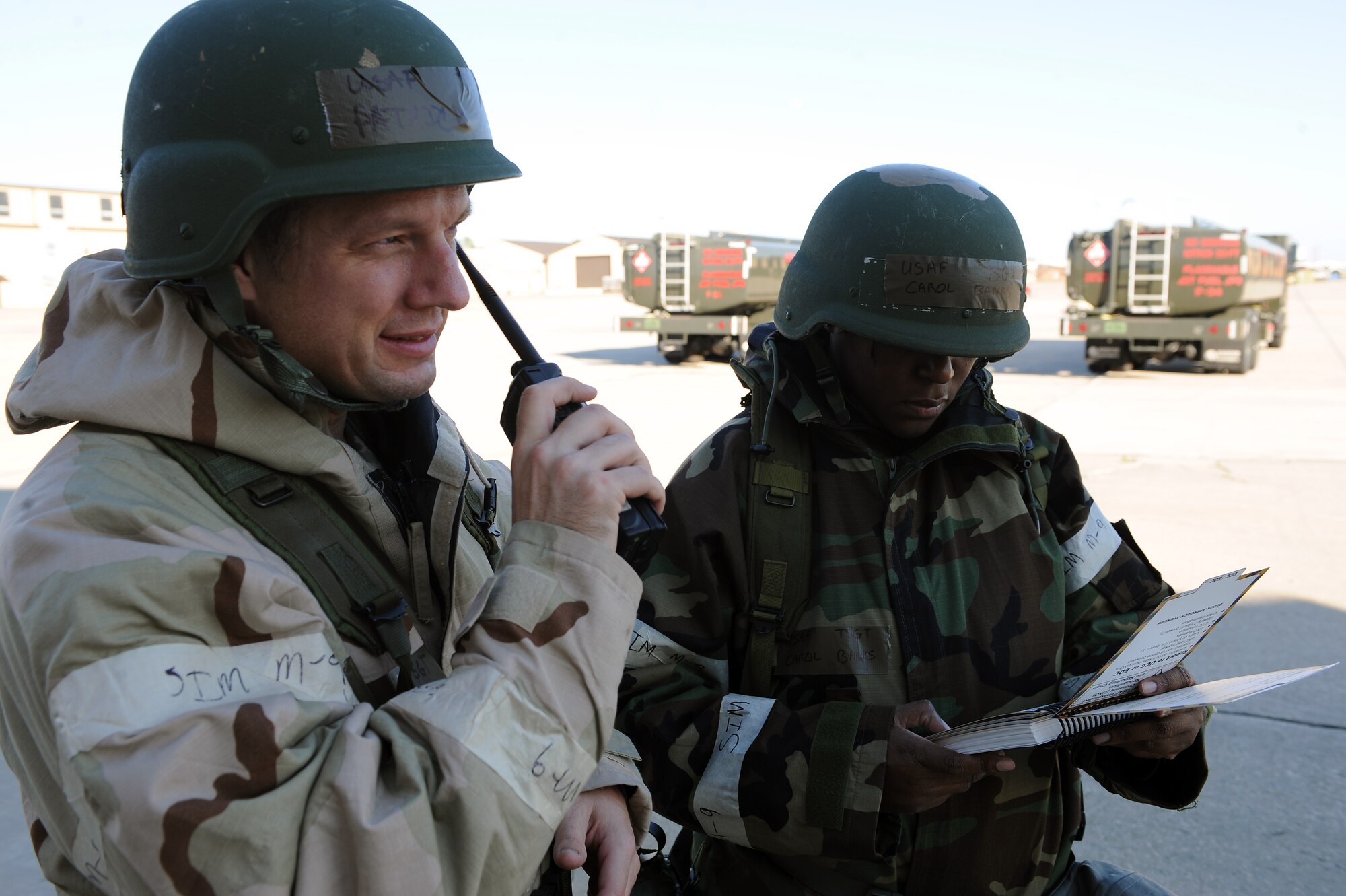 U.S. Air Force Tech. Sgt. Patrick Brewer, 23rd Force Support Squadron, practices radio communication during ability to survive and operate training at Moody Air Force Base, Ga., Jan 5. 2012. Radio etiquette training ensures smooth transmission of messages during the upcoming operational readiness exercise. (U.S. Air Force photo by Staff Sgt. Ciara Wymbs/Released) 