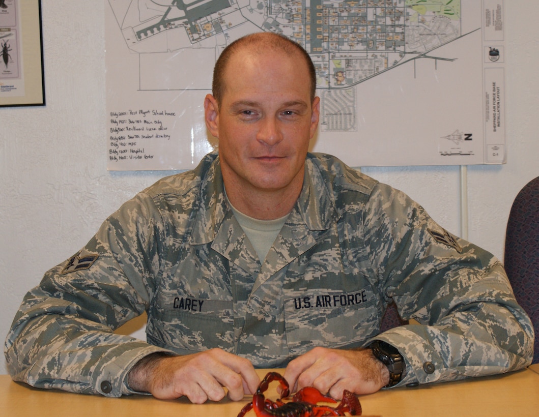 Airman 1st Class Kevin Carey sits in the pest management apprentice training classroom conducted by the 366th Training Squadron at Sheppard Air Force Base, Texas on Dec. 16, 2011.  Airmen Carey joined the Air National Guard in 2011 at age 39 after spending 18 years as a civilian police officer. (U.S. Air Force photo/Dan Hawkins)