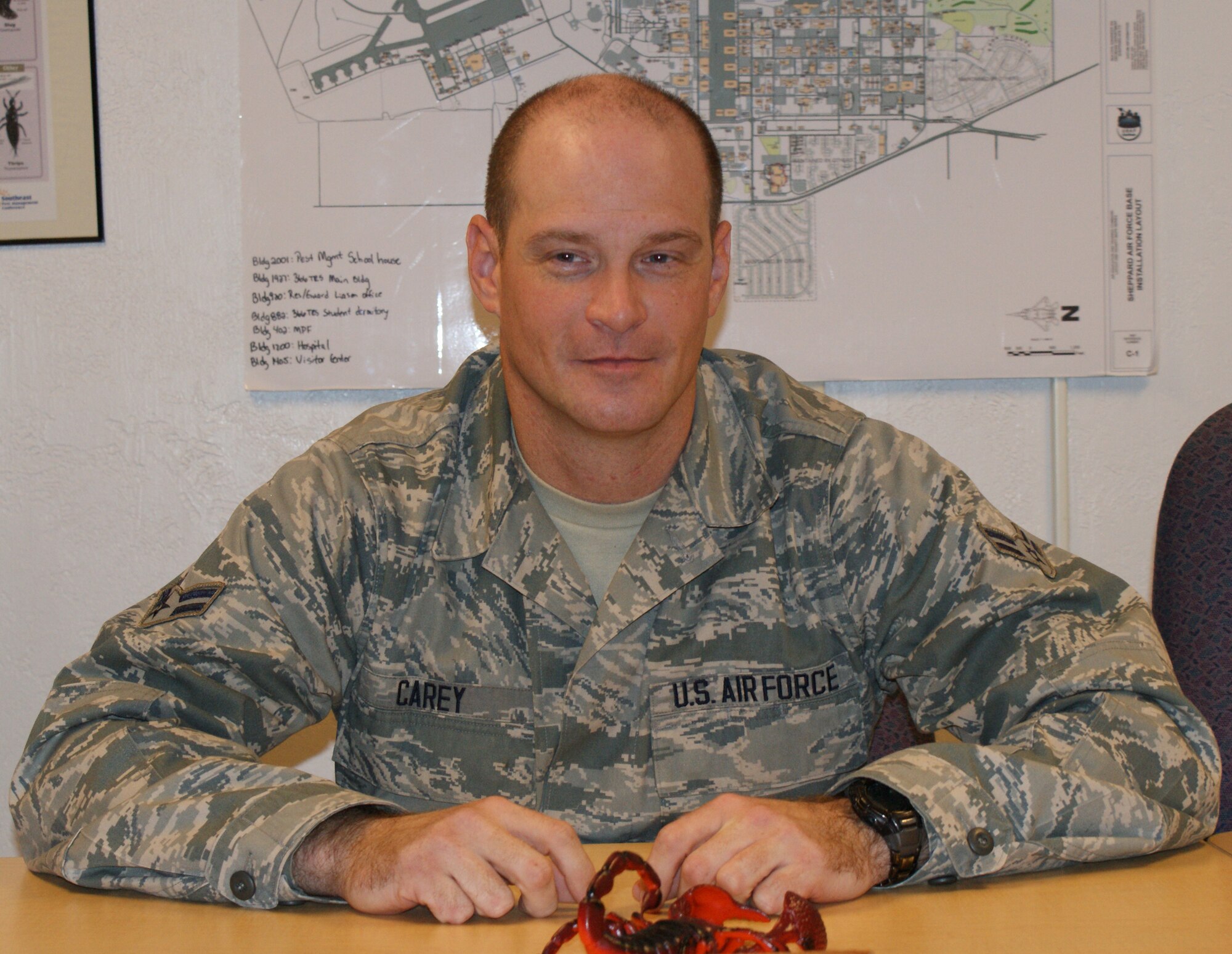 Airman 1st Class Kevin Carey sits in the pest management apprentice training classroom conducted by the 366th Training Squadron at Sheppard Air Force Base, Texas on Dec. 16, 2011.  Airmen Carey joined the Air National Guard in 2011 at age 39 after spending 18 years as a civilian police officer. (U.S. Air Force photo/Dan Hawkins)