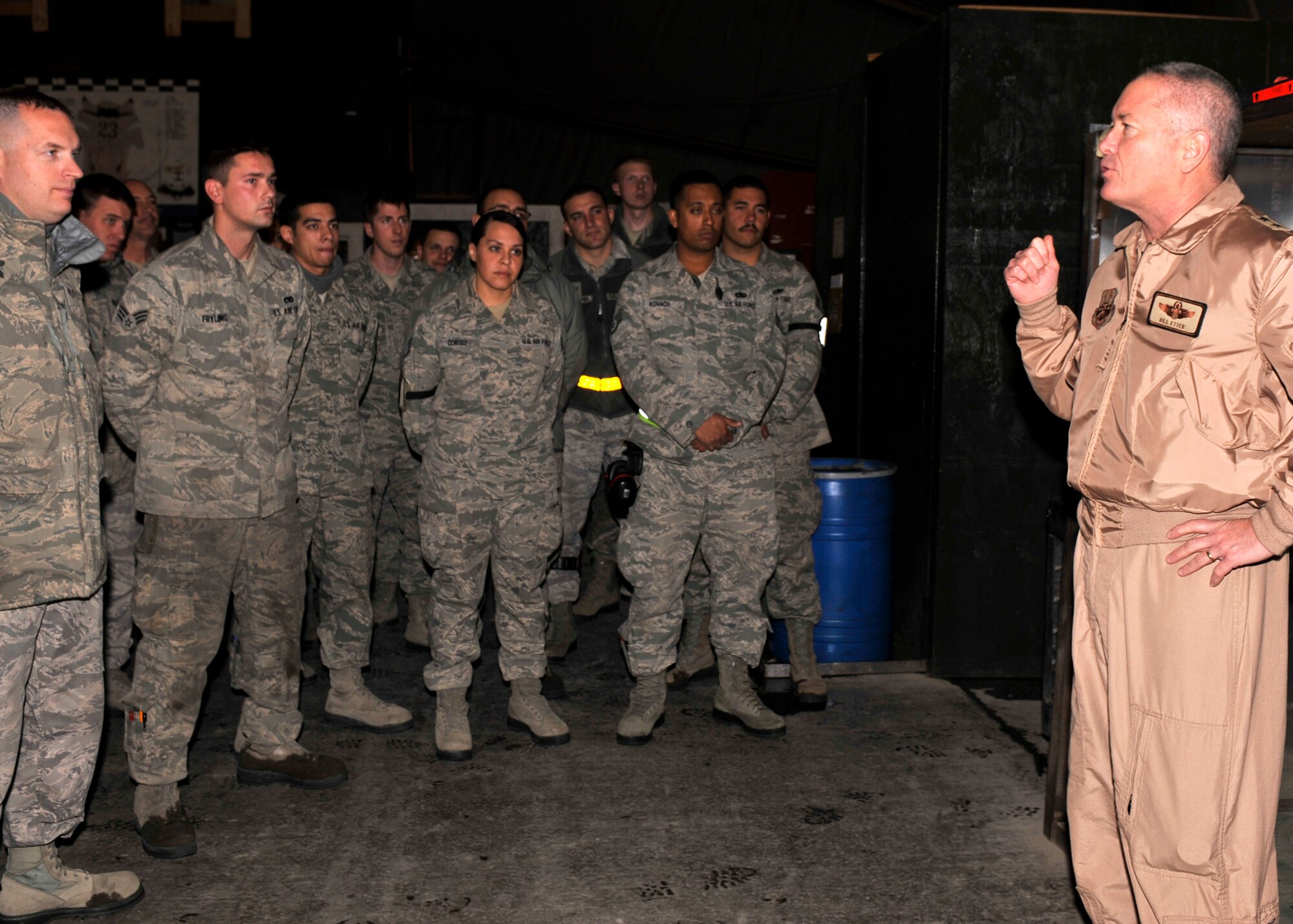 BAGRAM AIRFIELD, Afghanistan—Maj. Gen. William H. Etter briefs F-16 maintainers of the 455th Expeditionary Maintenance Group during a tour at Bagram Airfield, Afghanistan, Jan. 6, 2012. Etter is the deputy director of the Air National Guard and visited Bagram Airfield from the Pentagon in Washington D.C. (U.S. Air Force photo/ Airman 1st Class Ericka Engblom)