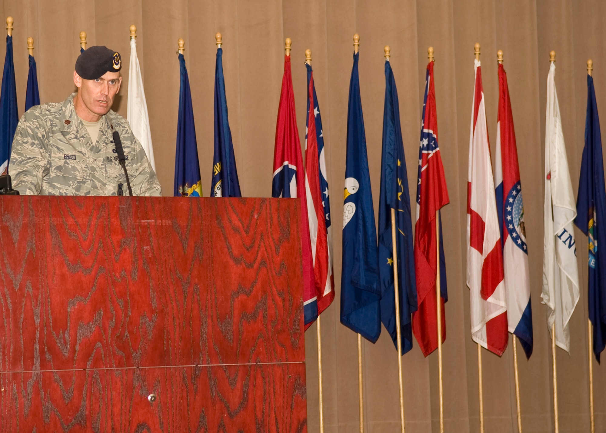 Maj. Mark Breed, 2nd Security Forces Squadron commander, addresses members of Team Barksdale during a change-of-command ceremony at Hoban Hall on Barksdale Air Force base, La., Jan. 5. During the ceremony, Breed assumed command of the 2 SFS from Lt. Col. Jon-Paul Mickle. (U.S. Air Force photo/Airman 1st Class Benjamin Gonsier)(RELEASED)