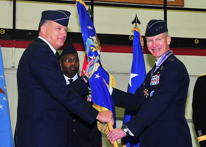 Lt. Gen. Jeffrey Remington, relinquished command of the 7th Air Force to Lt. Gen. Jan-Marc Jouas during a change-of-command ceremony at Osan Air Base, Republic of Korea Jan 6, 2012.  Remington is retires after nearly 35 years of active duty service. (U.S. Air Force photo/ Staff Sgt. Daylena Gonzalez)