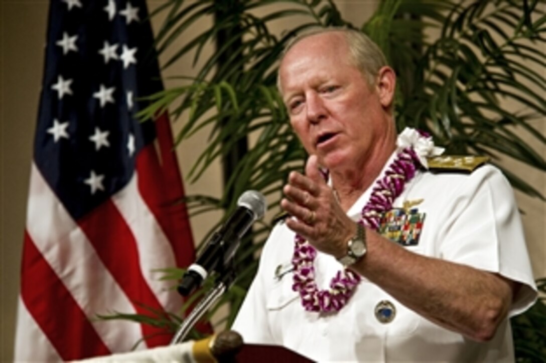 U.S. Navy Adm. Robert F. Willard, U.S. Pacific Command commander, gives the keynote address during the 11th Annual Hawaii Military Partnership Conference, Jan. 5, 2012, in Honolulu. The Chamber of Commerce of Hawaii hosts the annual event to give Hawaiian civic leaders a better understanding of the importance of the military presence in the Pacific. 