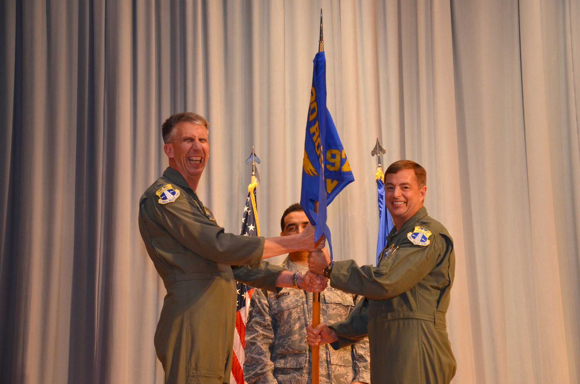 Col. Mark Blalock, right, assumes command as the 920th Rescue Wing Operations Group commander, Patrick Air Force Base, Fla., Jan. 7. Col. Jeffrey Macrander, 920th RQW commander, presided over the ceremony. As the OG commander, Blalock will ensure rescue squadrons are manned, trained and equipped to provide the nation, Joint Chiefs, combatant commanders and Air Combat Command the finest combat search and rescue forces any place, any time. (U.S. Air Force photo/Senior Airman Natasha Dowridge)