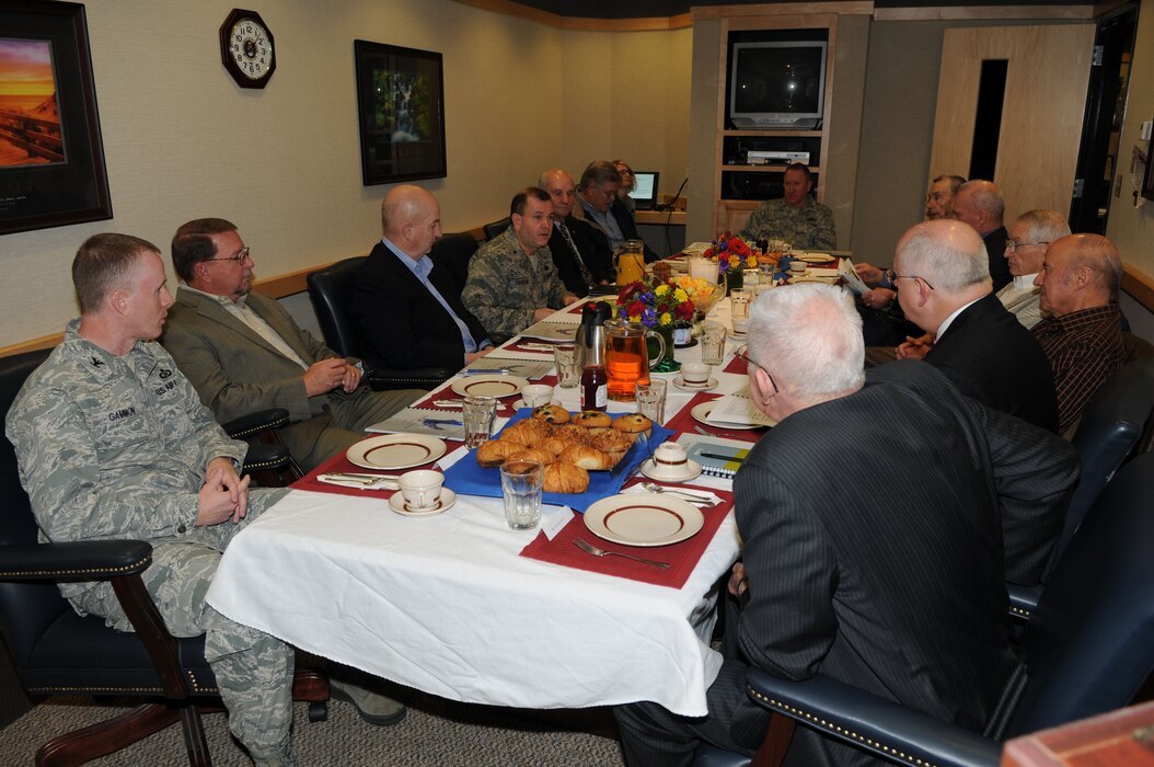 Brig. Gen. David Fountain hosted a morning breakfast briefing for nine retired general officers of the Utah Air National Guard on base January 5. Combined the generals represent hundreds of years of collective command experience. Their experience and insights of the past help the Utah ANG face the challenges of the future. (U.S. Air Force photo by Technical Sgt. Kelly K. Collett)(RELEASED) 