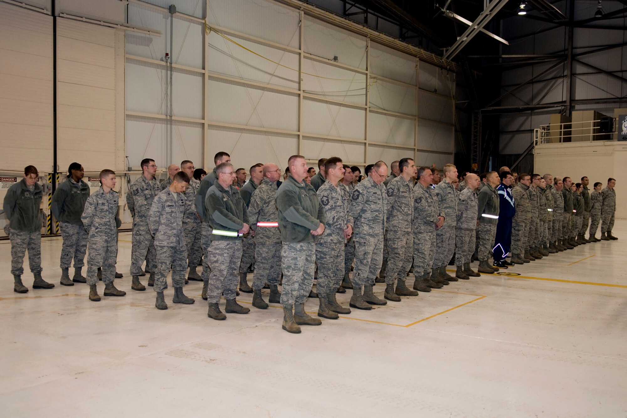 GRISSOM AIR RESERVE BASE, Ind. -- Airmen of the 434th Aircraft Maintenance Squadron and 434th Maintenance Operations Flight listen to Maj. Joel Brecount as he talks to them during a change of command ceremony here Jan. 7. Brecount assumed command of the 434th AMXS after relinquishing command of the 434th AMXS. (U.S. Air Force photo/Tech. Sgt. Mark R. W. Orders-Woempner)
