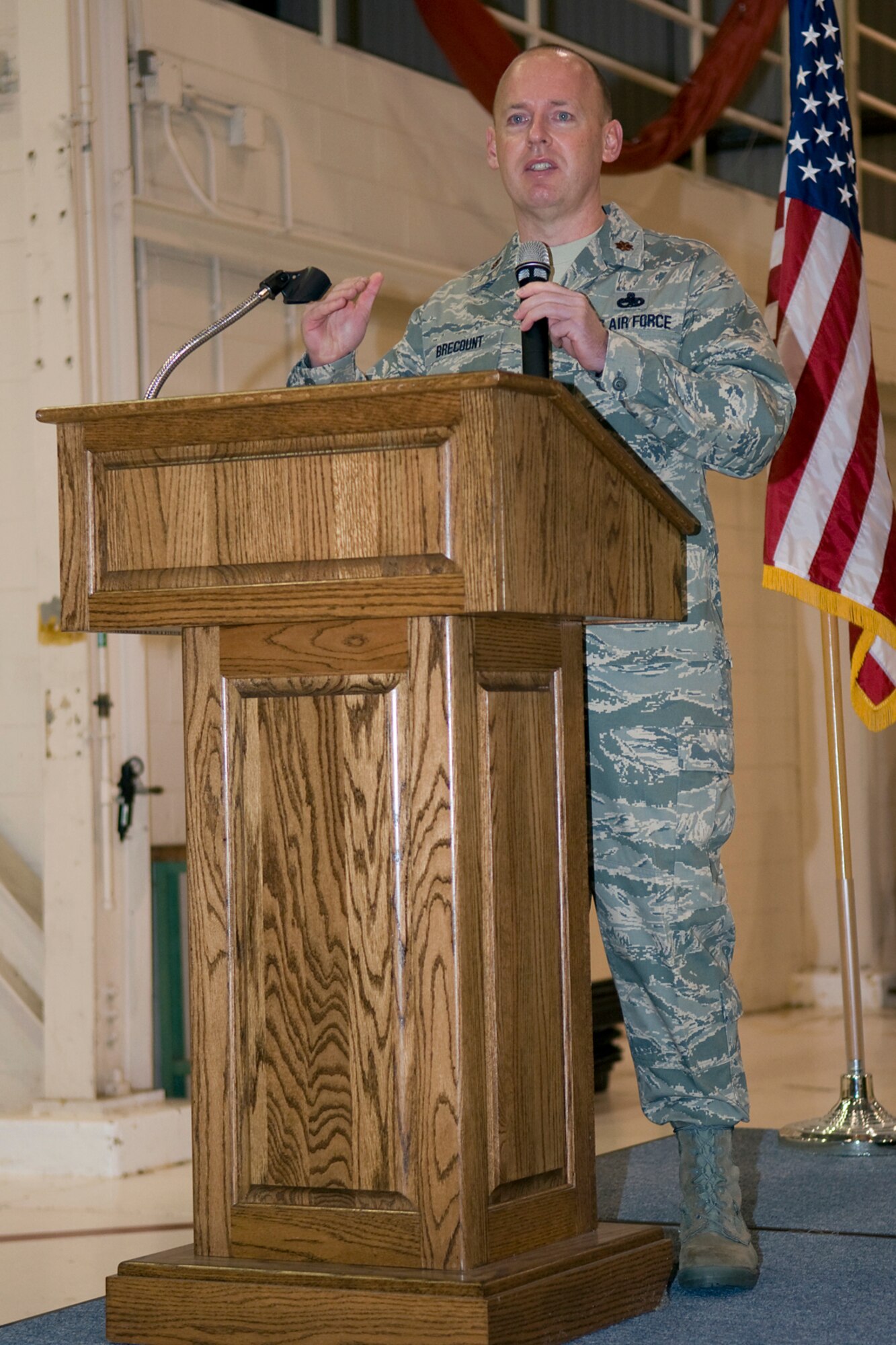 GRISSOM AIR RESERVE BASE, Ind. -- Maj. Joel Brecount speaks to members of the 434th Aircraft Maintenance Squadron and 434th Maintenance Operations Flight during a change of command ceremony here Jan. 7. Brecount assumed command of the 434th AMXS after relinquishing command of the 434th AMXS. (U.S. Air Force photo/Tech. Sgt. Mark R. W. Orders-Woempner)
