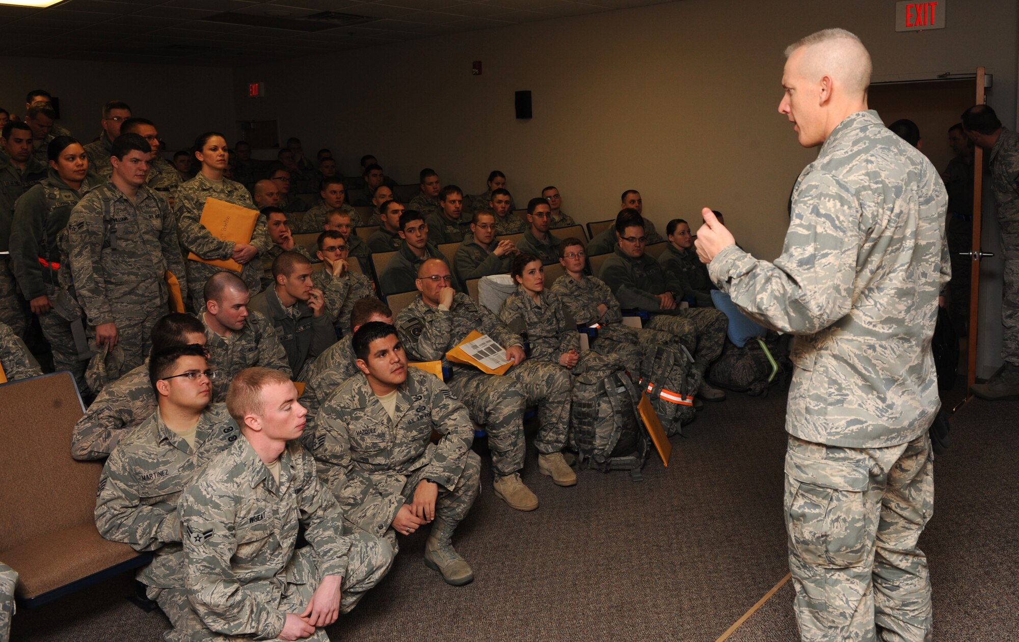 Lt. Col. Trent Carpenter, 726th Air Control Squadron commander, briefs Airmen before leaving for deployment, Jan. 7, 2012, at Mountain Home Air Force Base, Idaho. The 726th ACS Hardrock’s mission is to provide unparalleled air battle management to joint air, land and sea power anytime, anywhere. “The question is not are we prepared to deploy, the question is ‘is the enemy prepared for the hardrock,’” said Carpenter. (U.S. Air Force photo by Senior Airman Debbie Lockhart)