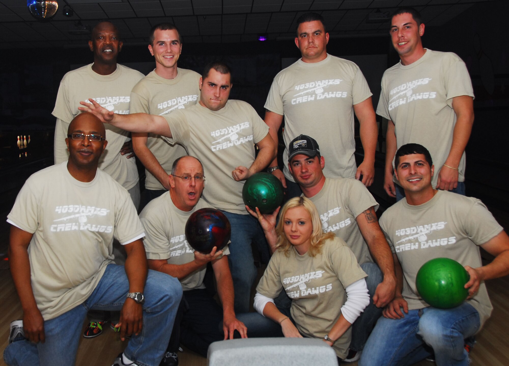 The Crew Dawgs pose for a picture at Bowl-a-Palooza Saturday night during January's Unit Training Assembly. These  crew chiefs of 403rd Maintenance Group took second place with a combined average of 790 pts. 