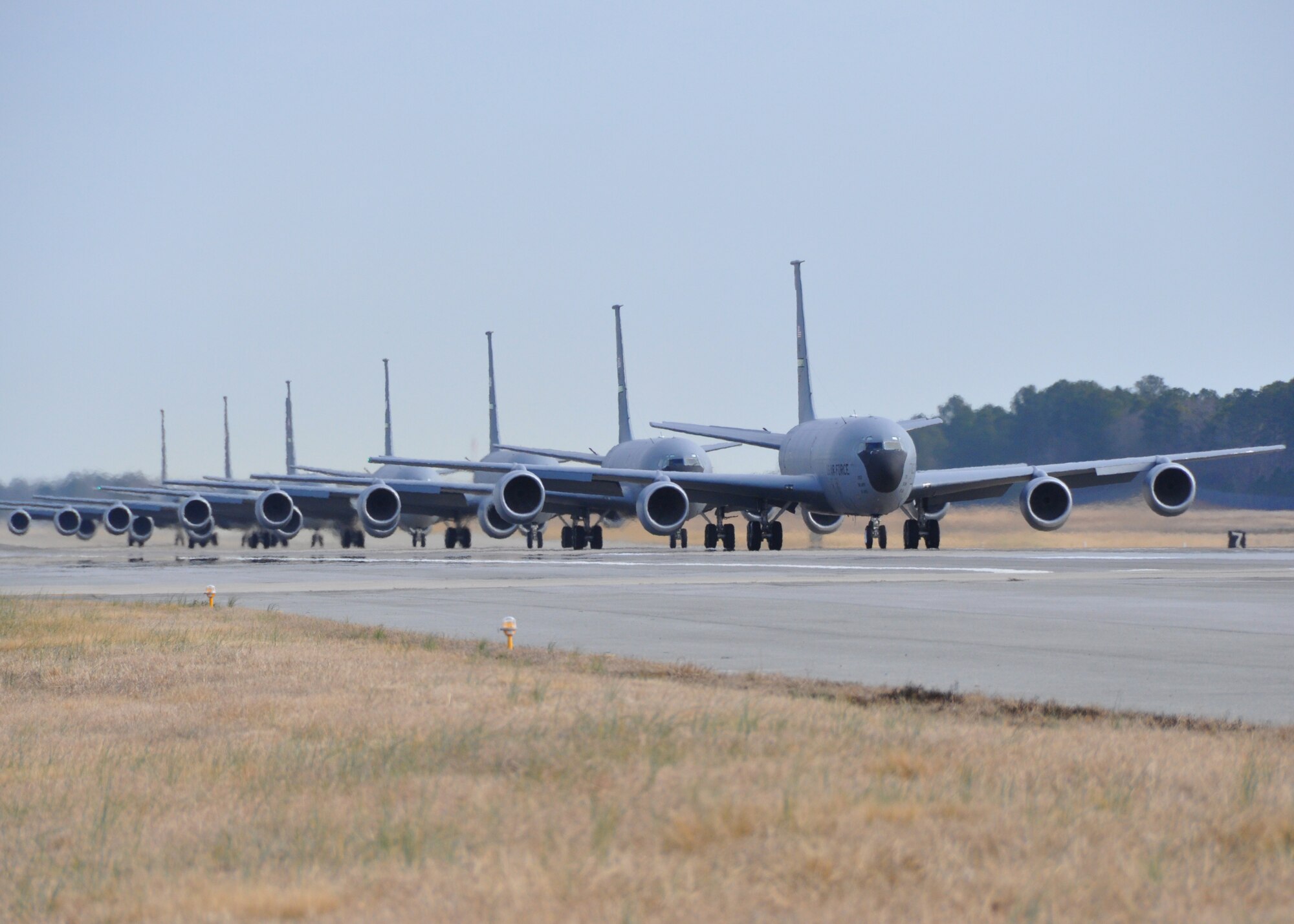 Seven KC-135R Stratotankers from the 916th Air Refueling Wing, Air Force Reserve, line the ramp at Seymour Johnson Air Force Base on Jan. 8 ,2012. (USAF photo by MSgt. Wendy Lopedote, 916ARW/PA)