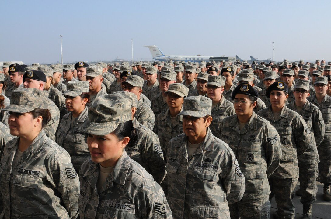 Members of the 144th Fighter Wing, California Air National Guard, stand in formation as Gen. Charles H. Jacoby, Jr., commander, U.S. Northern Command and North American Aerospace Defense Command, addresses them on his tour of the base in Fresno on January 5, 2012.  (U.S. Air Force photo by Master Sgt. David J. Loeffler)