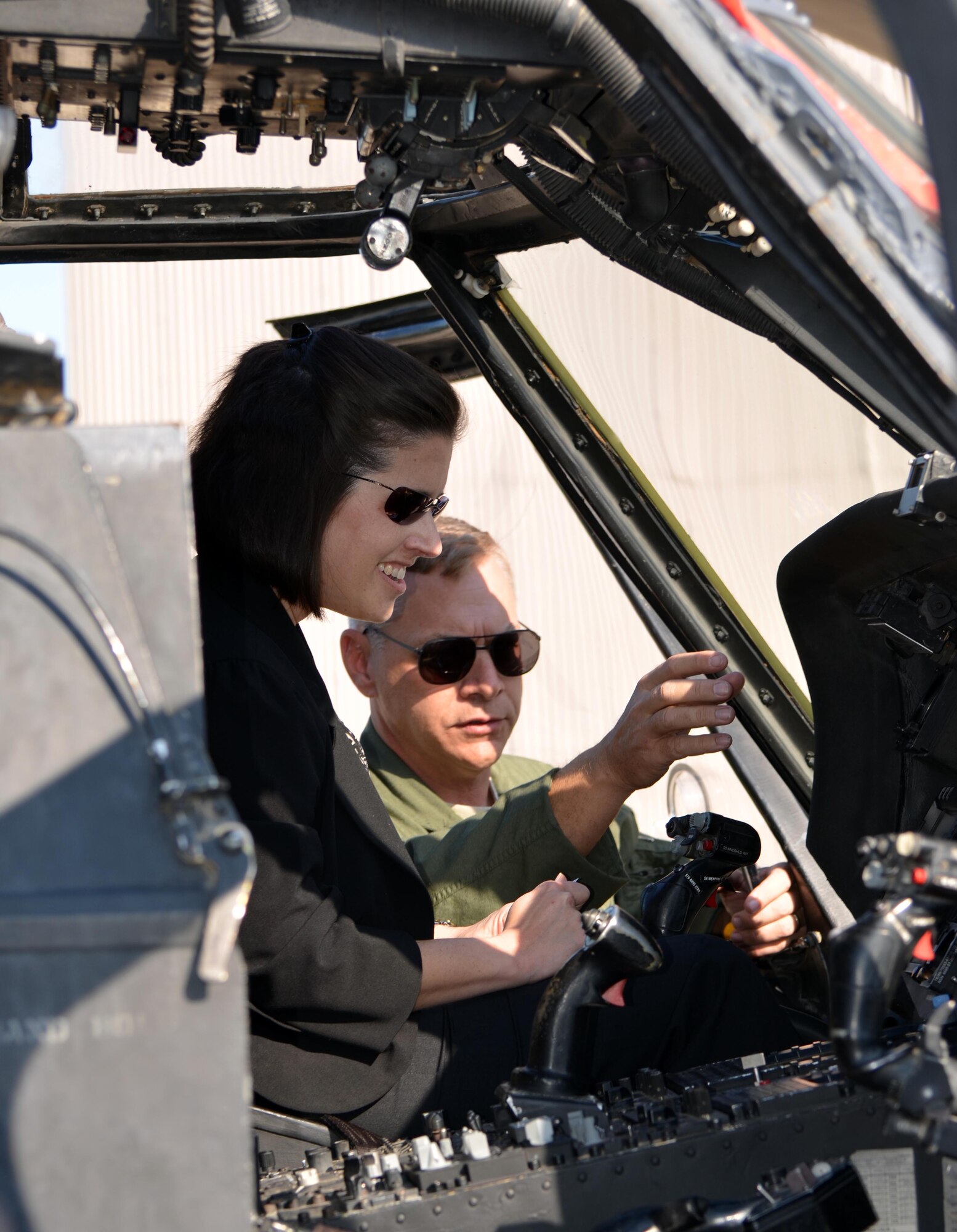 Col. Rob Ament, 920th Rescue wing vice commander, explains equipment on the HH-60 Pave Hawk helicopter to Maj. Selby Redman, officer in charge of congressional issues and initiatives from Air Force Headquarters. Redman was part of a Congressional Staff Delegation that came to Patrick Air Force Base, Fla., Jan. 7, 2012 to learn about the mission of the reserve rescue wing. (U.S. Air Force Photo/Capt. Ryan Liss)