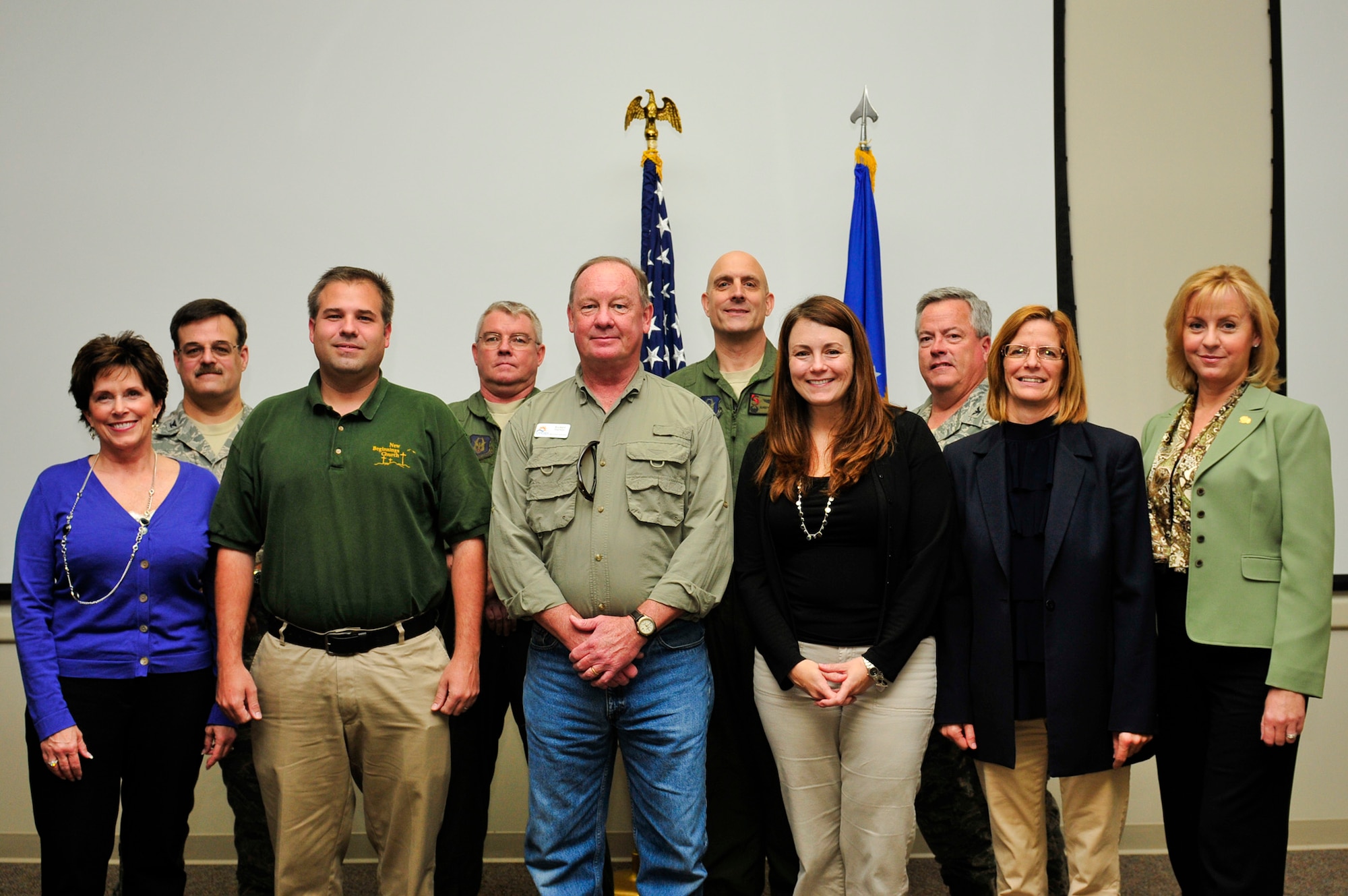 The 919th Special Operations Wing’s new honorary commanders pose for a group photo with the Reserve unit’s senior leaders during the recent induction ceremony at Duke Field, Fla.  Front row from left:  Pamela Woodall, Beach Community Mortgage; Jason Stokes, New Beginnings Church; Richard Harless, Beach Community Mortgage; Jackie Blue, Cayo Grande Suites Hotel; Peggy Moravec, Four Points by Sheraton; and Angela Campbell, Navarre Area Board of Realtors.  Back row from left:  Colonels Houston Sewell, 919th Support Group commander; Don Buckley, 919th Operations Group commander;  Andy Comtois, 919th SOW commander;  and Ken Honaker, 919th Maintenance Group commander.  (Not shown: Col. (Dr.)  Edward Seeliger, 919th Medical Squadron commander).  The honorary commanders program allows local community members a unique opportunity to interact with and learn about the wing’s Citizen Commandos, their mission and the role they play in supporting the Air Force. Honoraries may invite commanders to community functions, building and maintaining positive relationships between the military and local communities. (U.S. Air Force photo/Tech. Sgt. Samuel King Jr.)  