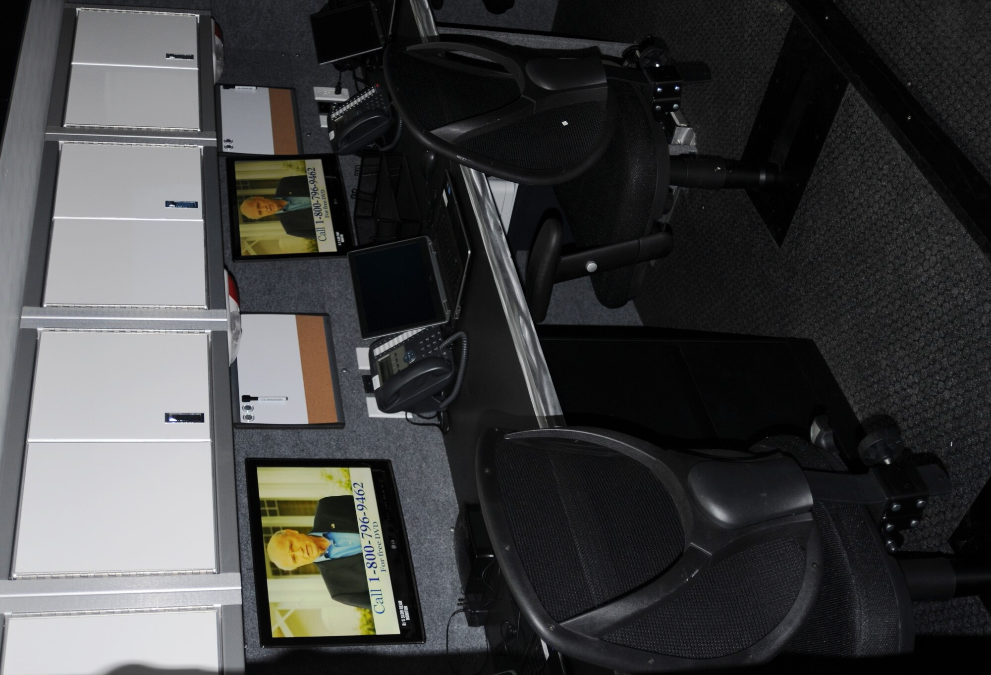 The Maryland Air National Guard recently acquired a Mobile Emergency Operations Center which is designed to support civilian entities in a disaster in Maryland, Virginia, West Virginia, Pennsylvania and Delaware. Two of the six work stations in the trailer are shown. (National Guard photo by Tech. Sgt. David Speicher/RELEASED)