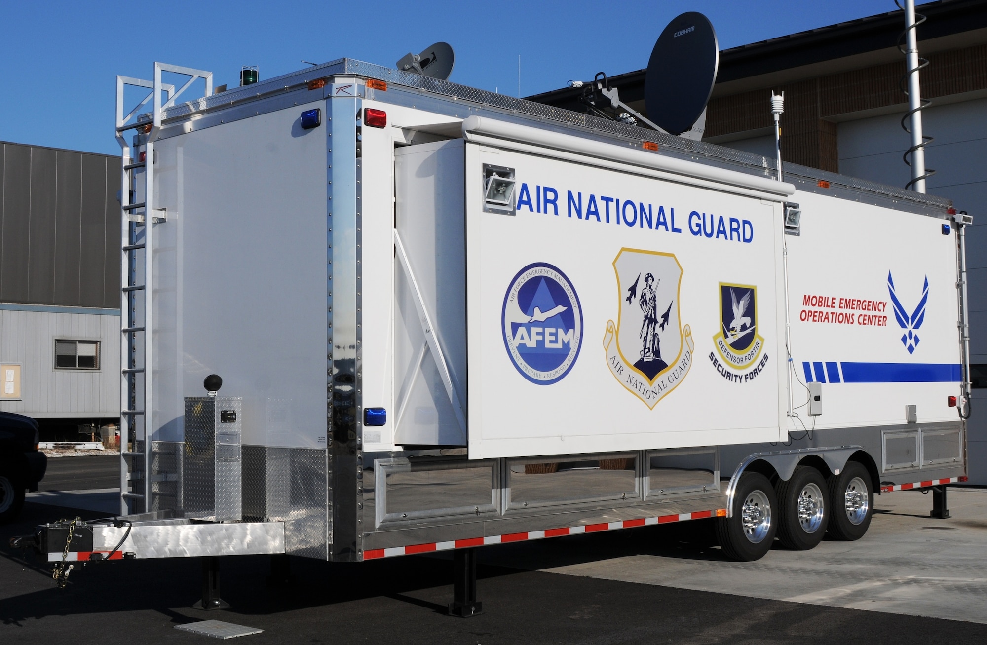 The Maryland Air National Guard recently acquired a Mobile Emergency Operations Center which is designed to support civilian entities in a disaster in Maryland, Virginia, West Virginia, Pennsylvania and Delaware. The trailer is stored at the fire station at Warfield Air National Guard Base in Baltimore, Md. (National Guard photo by Tech. Sgt. David Speicher/RELEASED)