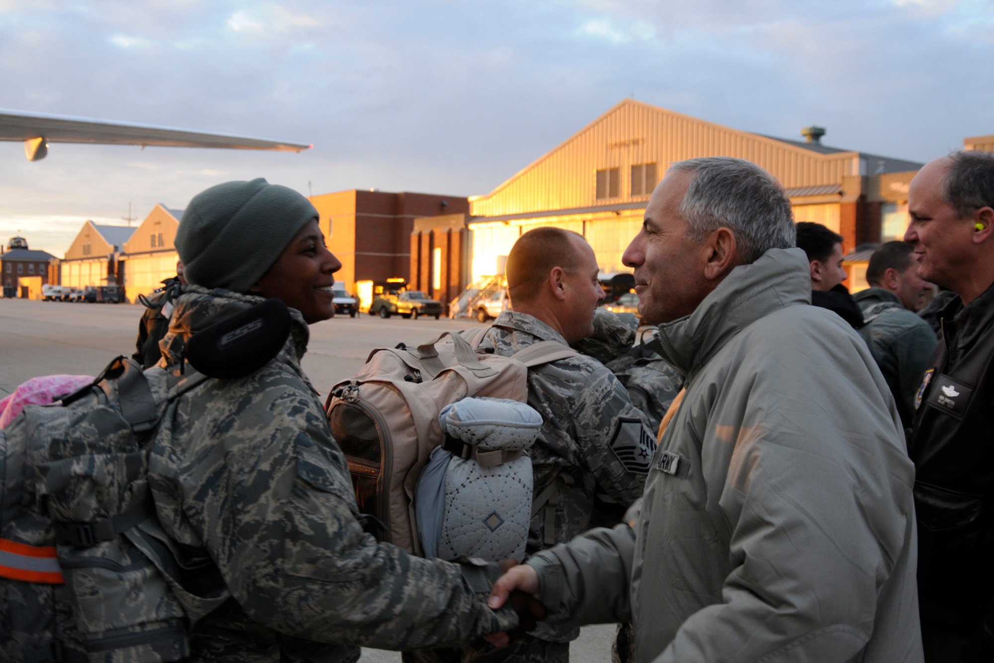 Major Gen. Gregory J. Vadnais, the adjutant general of Michigan, welcomes home a group of Airmen at Selfridge Air National Guard Base, Mich., Jan. 9, 2012. The Airmen, all members of the 127th Wing at Selfridge, were returning home after a 4-month deployment to Afghanistan. (U.S. Air Force photo by TSgt Dave Kujawa) 

