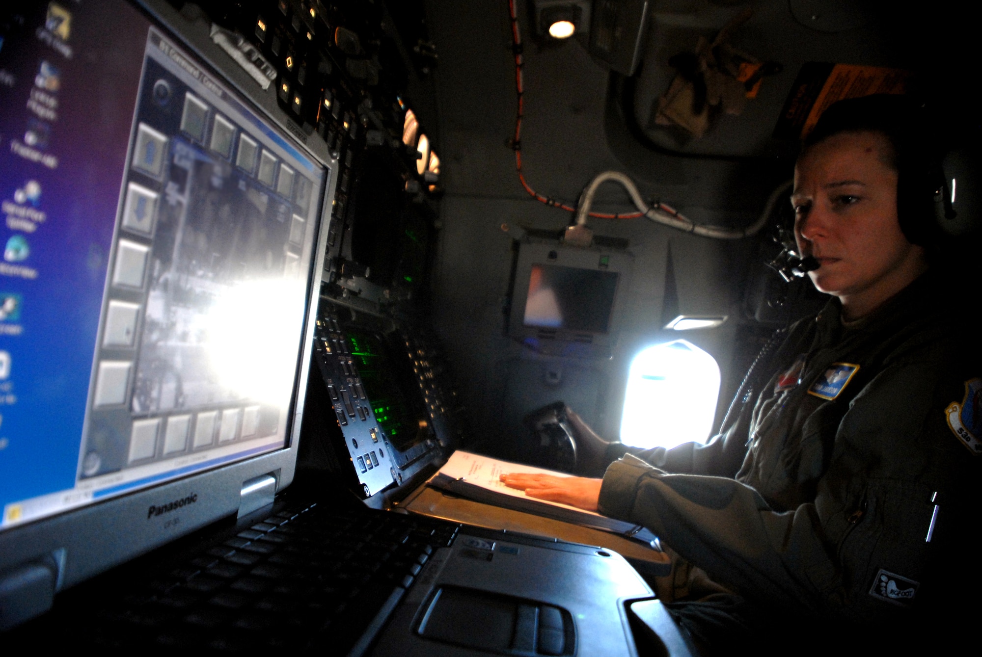 Positioned in the aft cockpit of a B-1B bomber, Capt. Tara Jackson, 31st Test and Evaluation Squadron B-1B operational test weapons systems officer, focuses on a target using the Laptop Controlled Targeting Pod Phase II upgrade during a test, Dec. 7. Testing for the upgrade merged both operational and developmental resources to deliver needed capability to the warfighter. (U.S. Air Force photo by Jet Fabara)