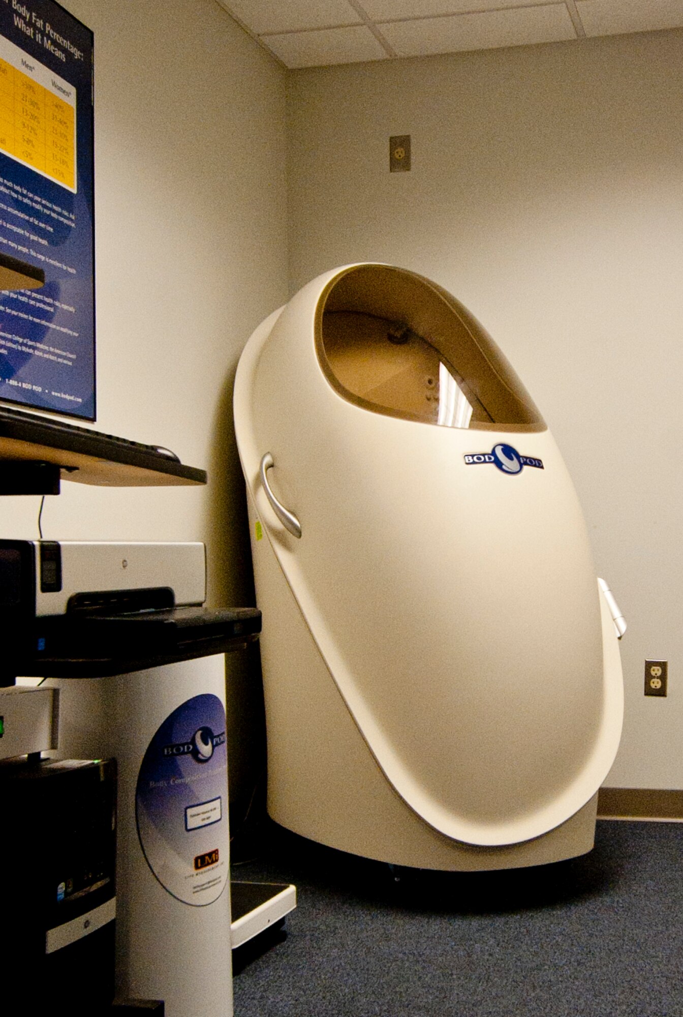 The Bod Pod sits in a room of the Moody Air Force Base Health and Wellness Center, Jan. 6, 2012. The Bod Pod uses the displacement of air to measure body fat percentage and lean muscle mass. It is just one of the many resources the HAWC offers to base community members to help them live healthier lives. (U.S. Air Force photo by Airman 1st Class Jarrod Grammel/Released)
