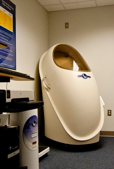 The Bod Pod sits in a room of the Moody Air Force Base Health and Wellness Center, Jan. 6, 2012. The Bod Pod uses the displacement of air to measure body fat percentage and lean muscle mass. It is just one of the many resources the HAWC offers to base community members to help them live healthier lives. (U.S. Air Force photo by Airman 1st Class Jarrod Grammel/Released)
