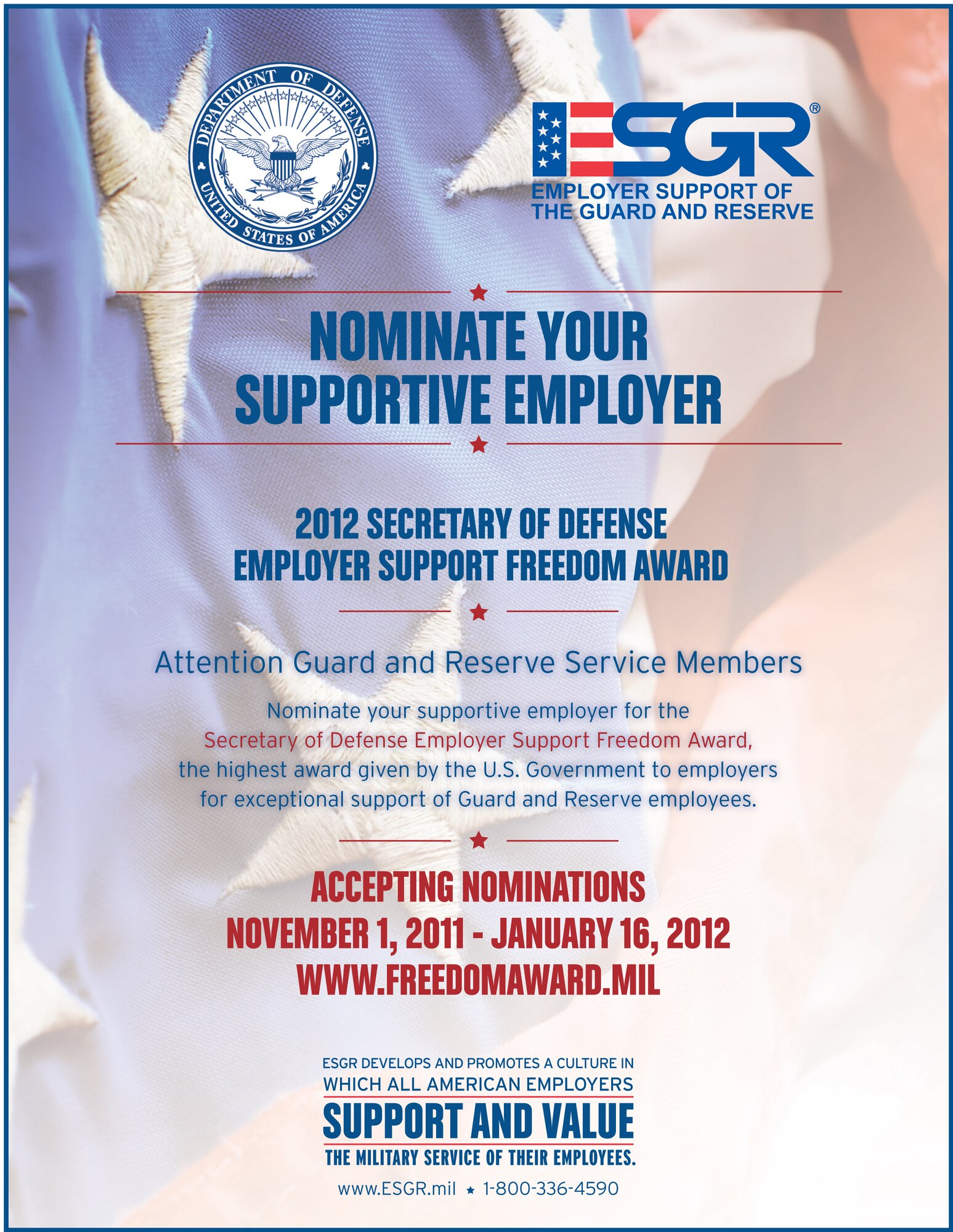 DoD calls on guard and reserve members to nominate supportive employers for 2012 Freedom Award.