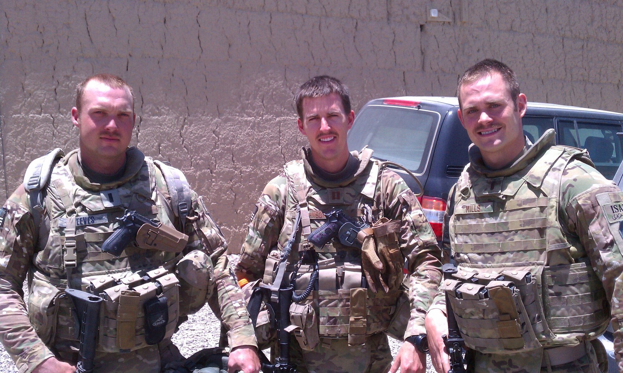 PAKTYA PROVINCE, Afghanistan—Feature (from left to right) are U.S. Air Force 1st Lt. Cale Reeves, a Paktya Provincial Reconstruction Team engineer from Angleton, Texas; U.S. Air Force Capt. Tyler Johnson, a Paktya PRT lead engineer from San Antonio; and U.S. Air Force 1st Lt. Ryan Mills, a Paktya PRT intelligence officer from Chicago stand in Paktya Province, Afghanistan. All three officers graduated from the United States Air Force Academy in Colorado Springs, Colo. (Courtesy photo) 