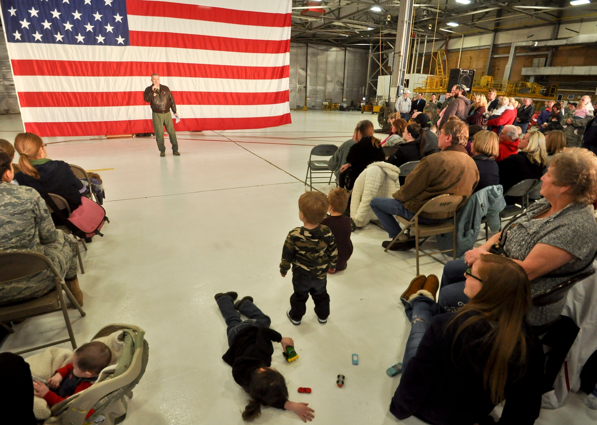 Col. Darrell G. Young, 934th Airlift Wing commander, gives final comments to deploying Airmen and family members before their deployment to Southwest Asia.  (Air Force Photo/Tech Sgt. Bob Sommer)