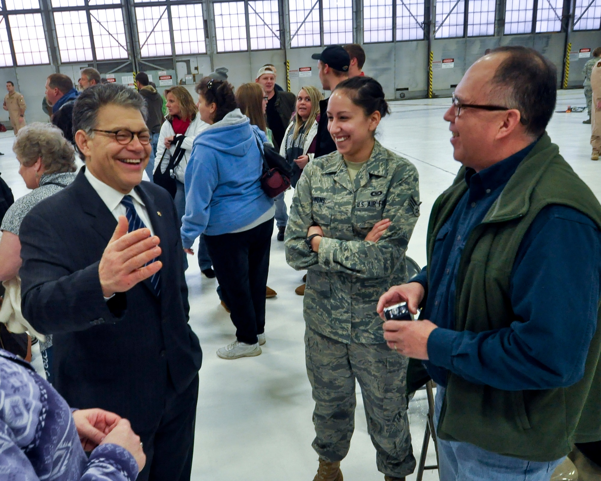 U.S. Senator Al Franken spends a few minutes with Senior Airman Diana Owens, aviation resource management administration craftsman at the 934th Airlift Wing, Minn., before her first deployment. (Air Force Photo/Tech Sgt. Bob Sommer)