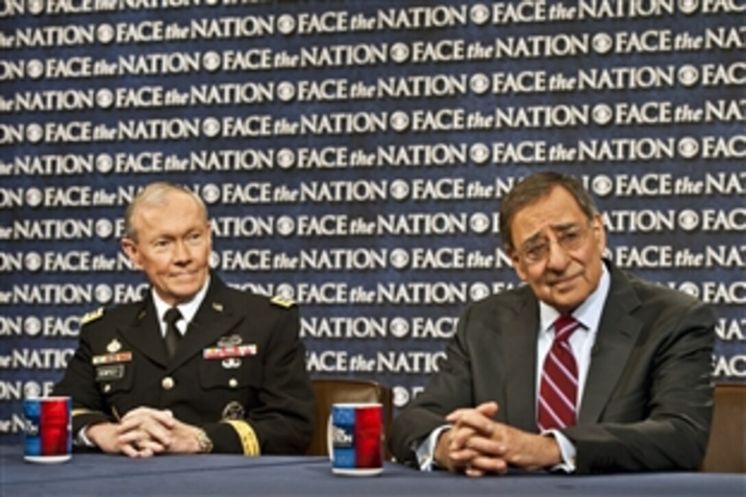 Defense Secretary Leon E. Panetta, right, and Army Gen. Martin E. Dempsey, chairman of the Joint Chiefs of Staff, left, answer questions on "Face the Nation," a CBS news program, in Washington, D.C., Jan. 6, 2012. Panetta and Dempsey discussed a range of defense issues on the program, which aired Jan. 8.