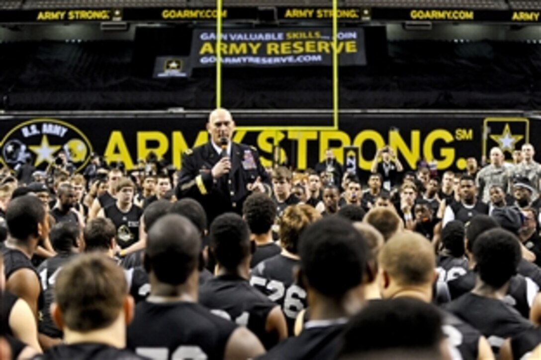 Army Chief of Staff Gen. Raymond T. Odierno speaks to high school sophomores and juniors from across the nation during the National Combine Day at the Alamodome in San Antonio, Jan. 6, 2012. Nearly 500 sophomores and juniors pay their own way to San Antonio to have their football skills tested before college scouts.