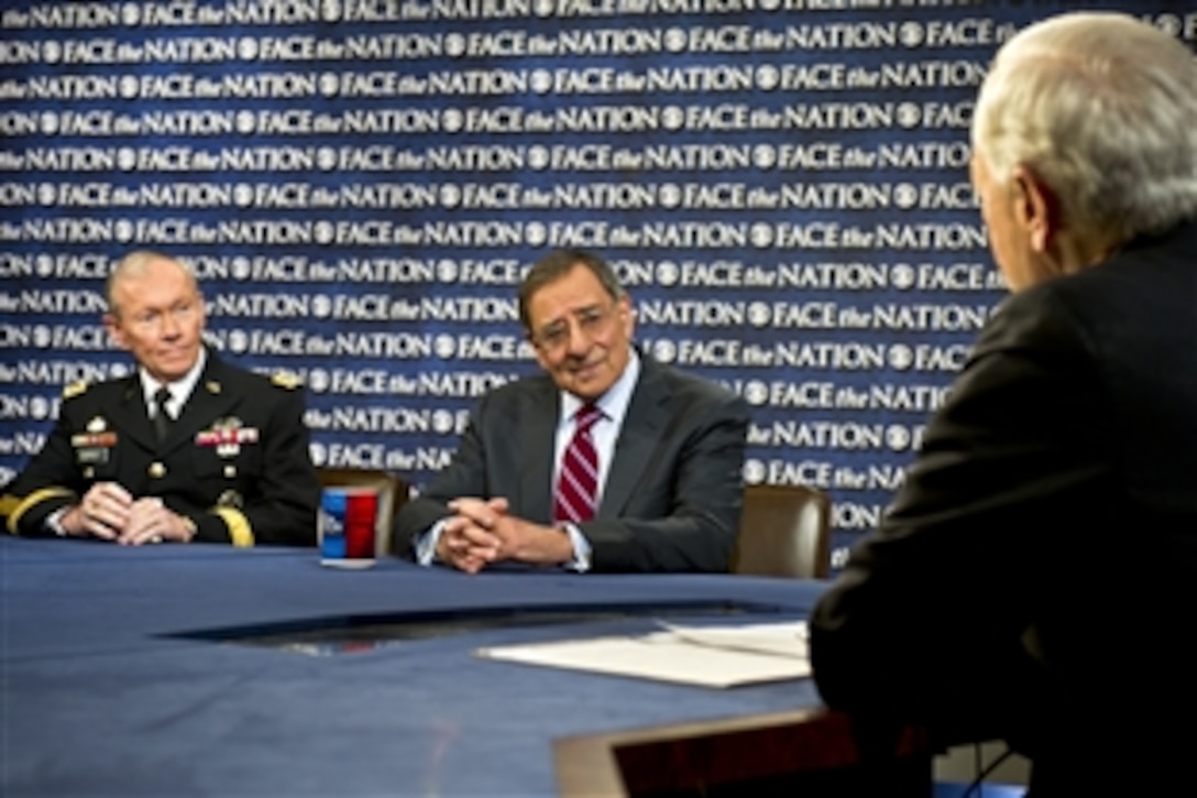 Defense Secretary Leon E. Panetta and Army Gen. Martin E. Dempsey, chairman of the Joint Chiefs of Staff, respond to questions from Bob Schieffer, chief Washington correspondent for CBS News, on "Face the Nation" in Washington, D.C., Jan. 6, 2012. Panetta and Dempsey discussed a range of defense issues on the news program, which aired Jan. 8.