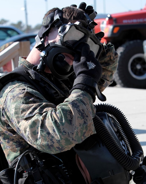 A Marine with Company C, 2nd Reconnaissance Battalion, 2nd Marine Division, adjust his diving mask during the team dive training held aboard Marine Corps Base Camp Lejeune, N.C., Jan. 10. The team dive training was conducted in preparation of the upcoming amphibious training exercise “BOLD ALLIGATOR 2012. (U.S. Marine Corps photograph by Lance Cpl. Joshua J. Hines)