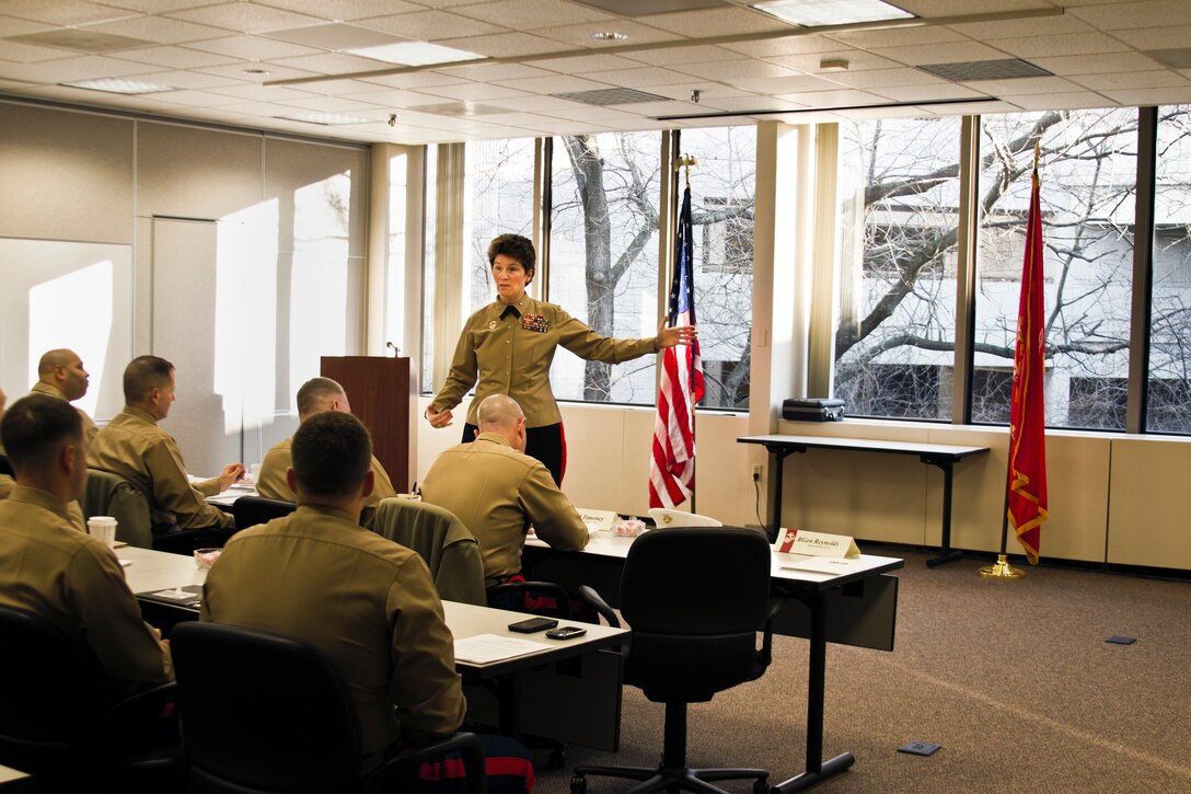 Brigadier Gen. Lori E. Reynolds, commanding general, Eastern Recruiting Region and Marine Corps Recruit Depot Parris Island, speaks to ERR officer selection officers during the 2012 OSO Conference at the National Conference Center, Tuesday. Brigadier Gen. Reynolds thanked the OSOs for their work during 2011 that resulted in the most diverse group of officers accessed in a decade.