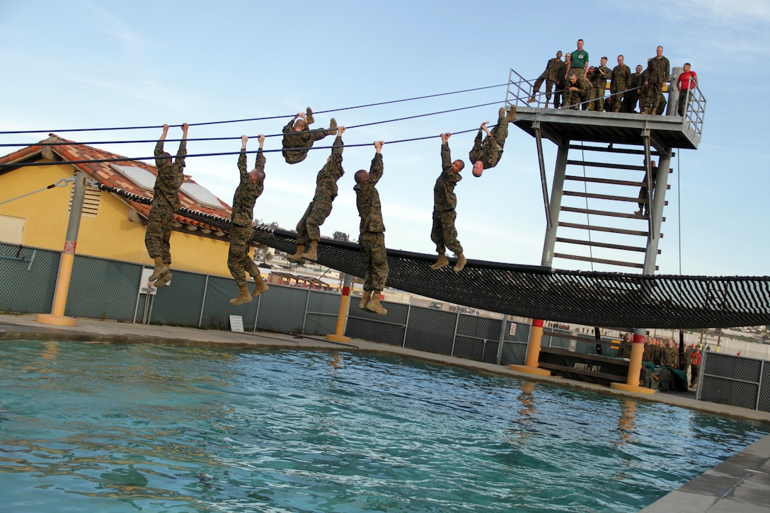 Teachers watch as recruits try to make it across the pool without falling into the water. Teachers witnessed several stages of Marine Corps boot camp while attending the Recruiting Station Twin Cities 2012 Educators Workshop. Two newspaper photographers and 37 educators from the Dakotas and Minnesota attended the workshop. For additional imagery from the event, visit www.facebook.com/rstwincities.