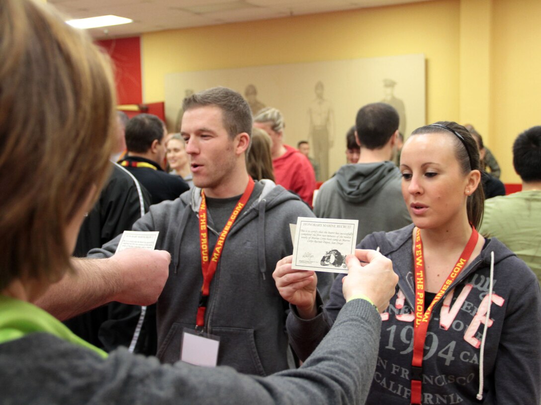 SAN DIEGO -- Educators from Recruiting Station Chicago experience just a brief moment of receiving aboard Marine Corps Recruit Depot San Diego Jan. 10. 39 educators attended the workshop from the Chicago area. More information can be found at www.facebook.com/mcrschicago. (U.S. Marine Corps photo by Sgt. George J. Papastrat) (Released)