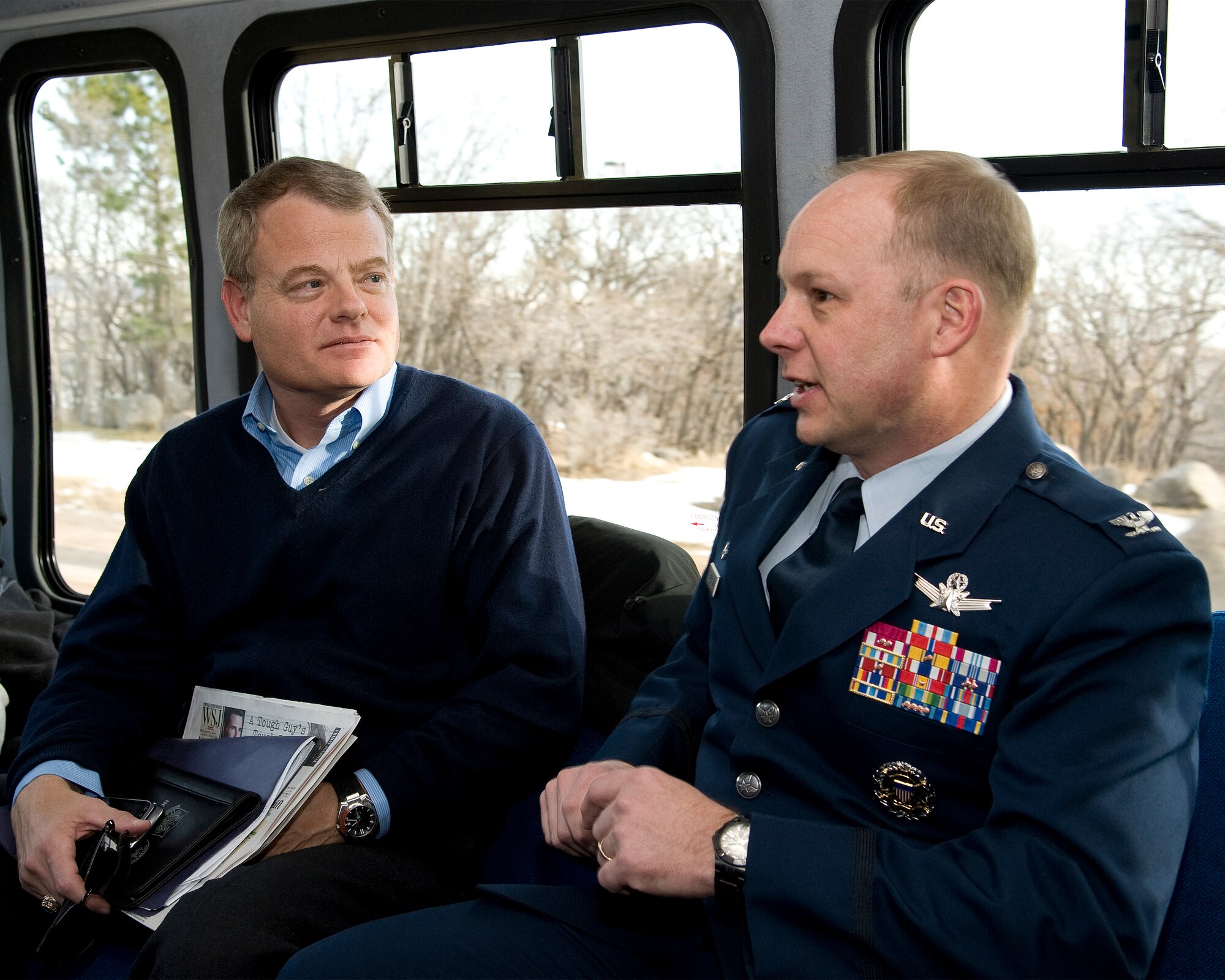CHEYENNE MOUNTAIN AIR FORCE STATION, Colo. - Congressman Mike McIntyre (left), a member of the U.S. House of Representatives from North Carolina, visited Cheyenne Mountain Air Force Station Jan. 6. Col. Chris Crawford (right), 21st Space Wing commander, explained to him the 21st Space Wing mission, and escorted him through the CMAFS emergency operations center, the Global Strategic Warning Systems Center, the NORAD/USNORTHCOM Alternate Command Center, Joint Functional Component Command’s Space Missile Warning Center and some of the CMAFS infrastructure. CMAFS is one of the six installations operated by the 21st SW. McIntyre is a member of the House Armed Services Committee. (U.S. Air Force photo/Craig Denton)