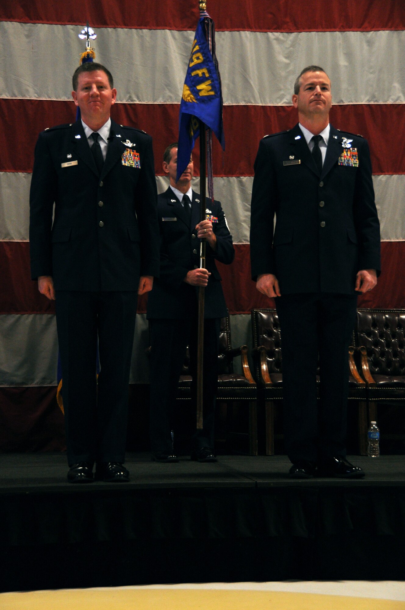 Lt. Col. Paul Delmonte, the new 466th Fighter Squadron commander, takes command during a ceremony here Sunday. (U.S Air Force photo/Airman 1st Class Crystal Charriere)