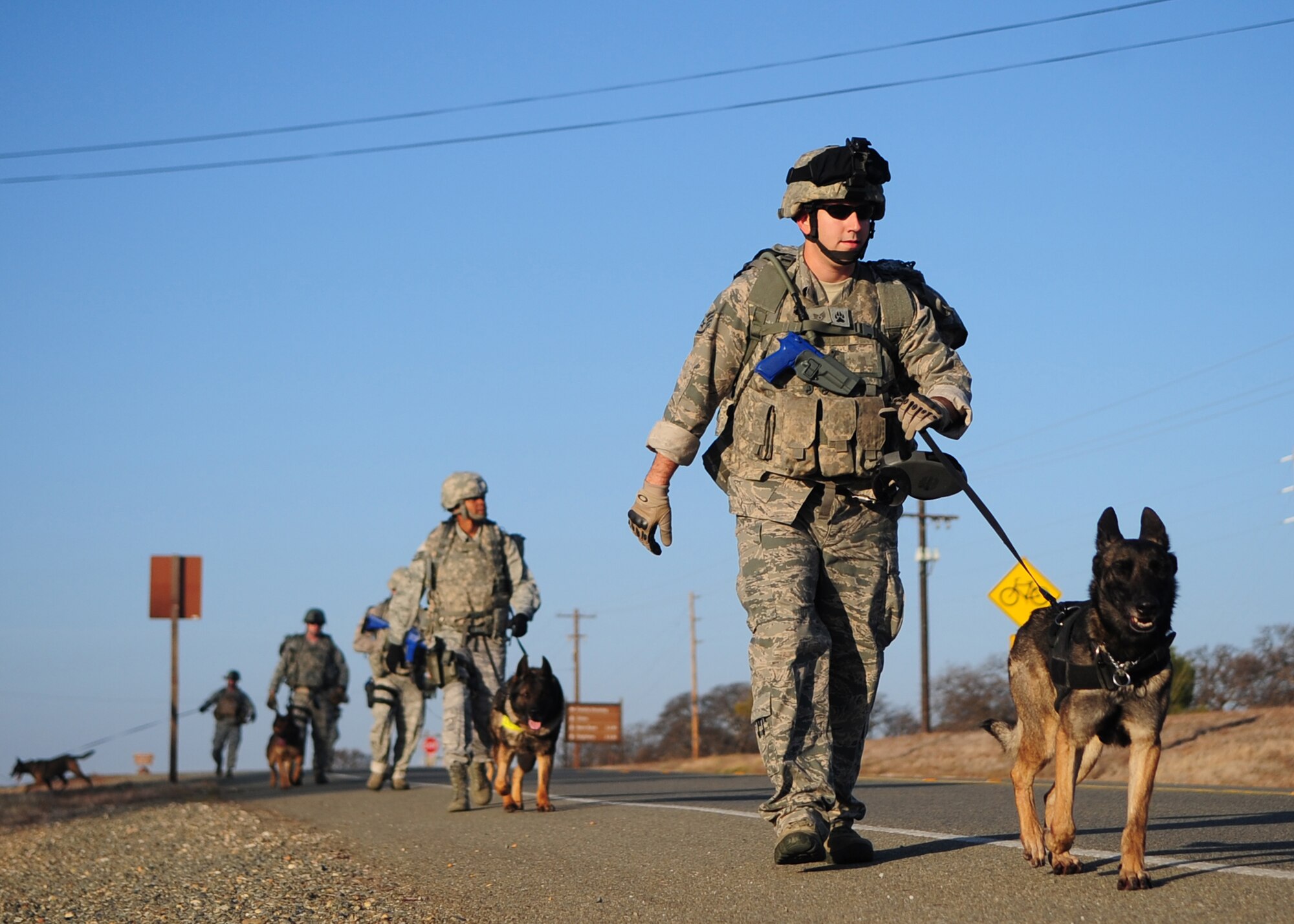 9th Security Forces Squadron military working dog handlers march along Warren Shingle Rd. on Beale AFB during training Jan. 9, 2012. By going on long ruck marches across base and training together outside their kennels, these teams prepare for their mission to support combatant commanders around the world. (U.S Air Force photo by Senior Airman Shawn Nickel/Released)