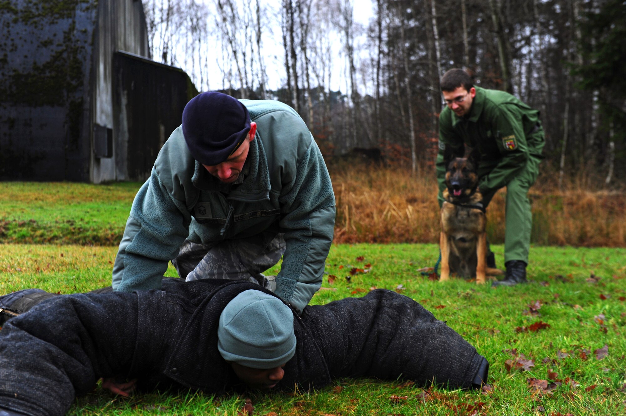Air Force Master Sgt. Duane Stinson, 86th Security Forces Squadron kennel master, searches a suspect as German Polizei officer, Mario Scholz, and his kanine look on during joint kanine training, Ramstein Air Base, Germany, Jan. 9, 2012. The 86th SFS conducted the training with the 230th Military Police Company and German Polizei; consisting of twenty-two canine teams that covered four scenarios: building searches, bite work, high-risk traffic stops and detection. (U.S. Air Force photo by Airman Brea Miller)