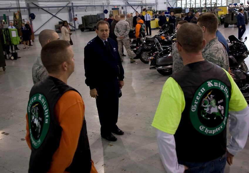 Maj. Gen. Timothy Byers, Installation Excellence Selection Board team lead, speaks with members of the Green Knights and other motorcycle enthusiasts on Barksdale Air Force Base, La., Jan. 9. The IES Board will judge Barksdale on numerous categories that will determine whether the base wins the grand prize of $1,000,000 to use for quality-of-life improvements on base. (U.S. Air Force photo/Airman 1st Class Benjamin Gonsier)(RELEASED)